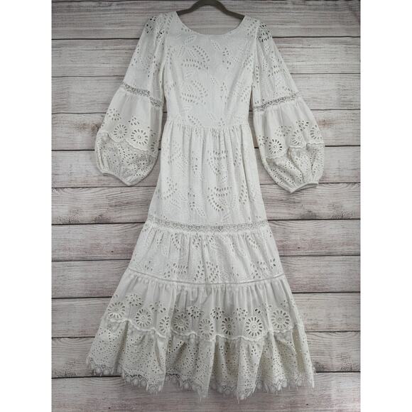 Kobi Halperin Eyelet Crochet Embroidered Midi Dress Womens Small White Tie Back - Picture 1 of 14
